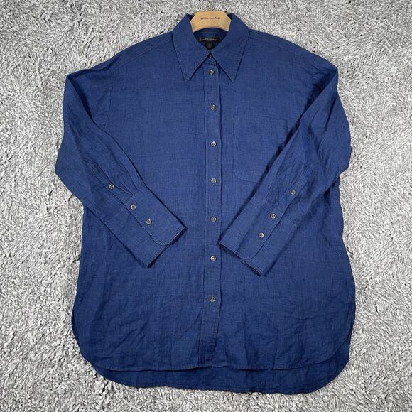 Banana Republic 100% Linen Shirt Men's Medium Navy Blue Long Sleeve Preppy - Picture 1 of 4